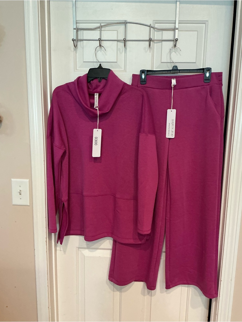 NWT Women's Fuchsia Lounge Pantsuit Set - Cozy Cowl Neck Top & Wide-Leg Pants - Picture 2 of 3